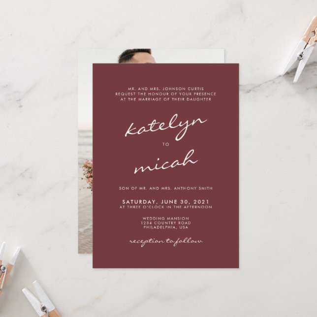 Minimalist Calligraphy Cinnamon Rose Wedding Photo Invitation (Front/Back In Situ)