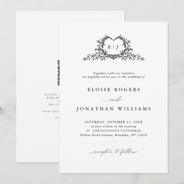 Minimalist Calligraphy Crest QR Code Chic Wedding Invitation (Front/Back)
