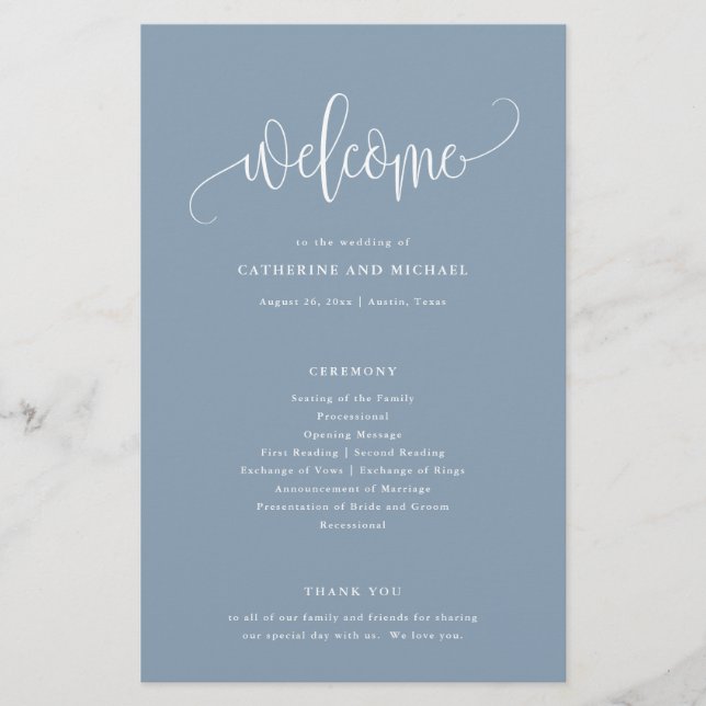 Minimalist Calligraphy Dusty Blue Paper Program (Front)