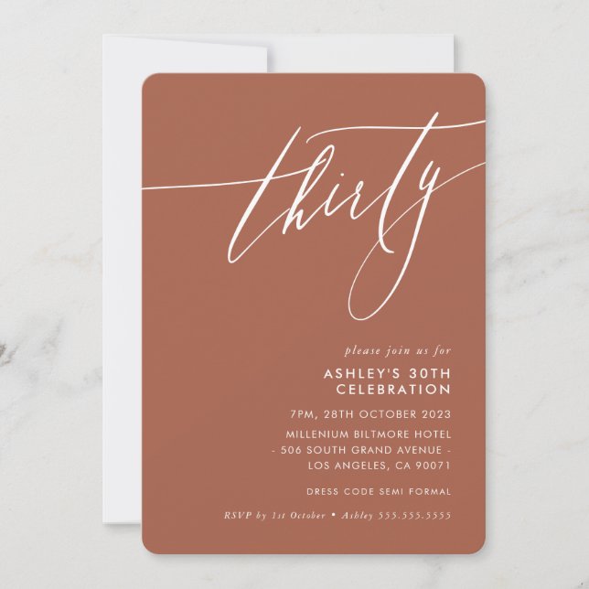 MINIMALIST Calligraphy elegant 30th party brown Invitation (Front)