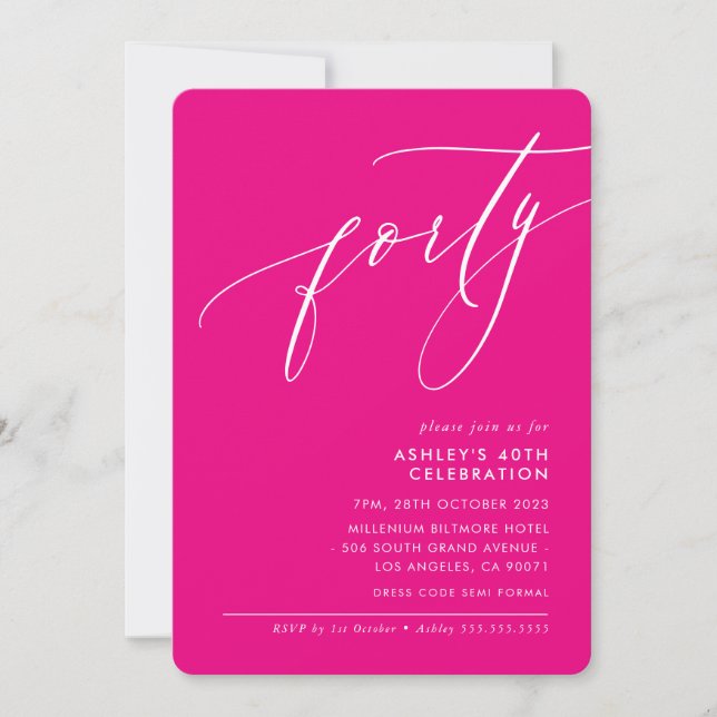 MINIMALIST Calligraphy elegant 40th party hot pink Invitation (Front)
