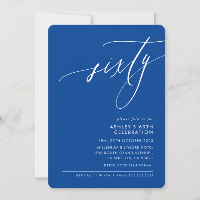 MINIMALIST Calligraphy elegant 60th party blue Invitation (Front)