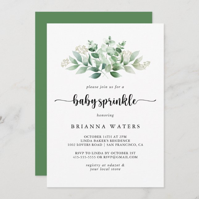 Minimalist Calligraphy Eucalyptus Baby Sprinkle  Invitation (Front/Back)