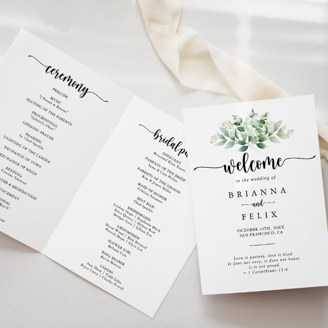 Minimalist Calligraphy Eucalyptus Folded Wedding  Programme (Creator Uploaded)