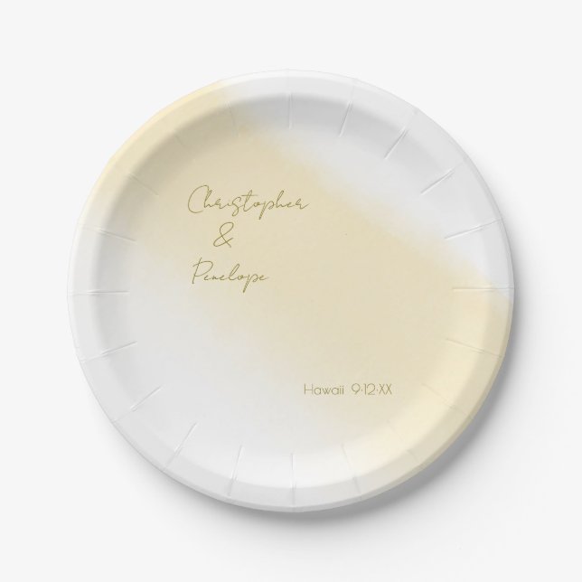 Minimalist Calligraphy Gold Watercolor Wedding   Paper Plate (Front)