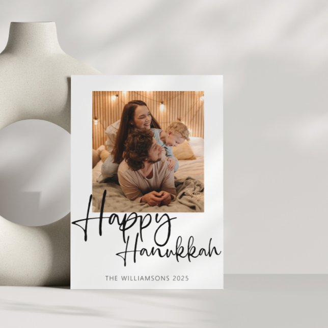 Minimalist Calligraphy Happy Hanukkah Photo Holiday Card (Creator Uploaded)
