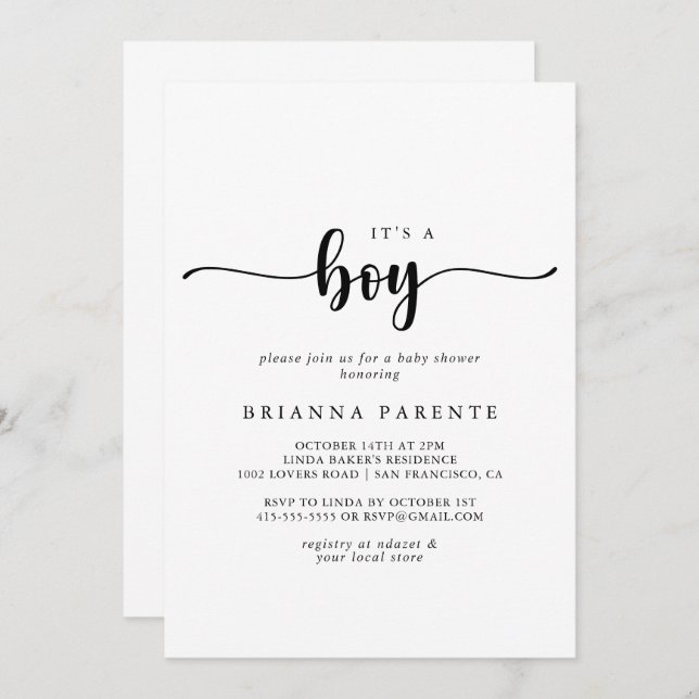 Minimalist Calligraphy It's A Boy Baby Shower  Invitation (Front/Back)