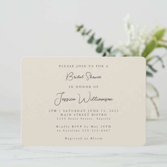 Minimalist Calligraphy Ivory Black Bridal Shower Invitation (Standing Front)