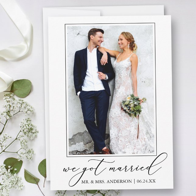 Minimalist Calligraphy Just Married Photo Wedding Announcement (Customize to add text or more photos to back of card.)