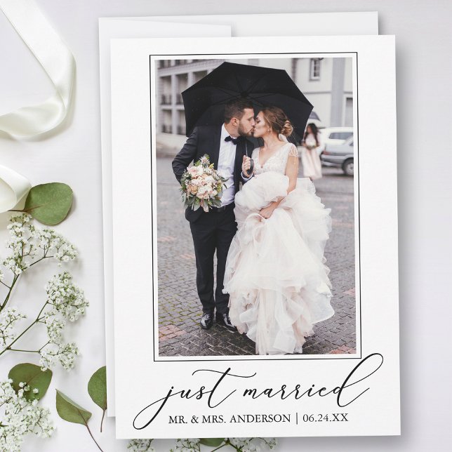 Minimalist Calligraphy Just Married Photo Wedding Announcement (Customize to add text or more photos to back of card.)