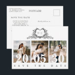 Minimalist Calligraphy monogram Save the Date Postcard<br><div class="desc">This elegant save the date postcard features refined calligraphy and modern typography in a clean, minimalist layout. The delicate botanical crest monogram adds a timeless romantic touch while maintaining a chic and sophisticated style. Designed with multiple photo sections, this postcard beautifully showcases your favorite moments while announcing your special day....</div>