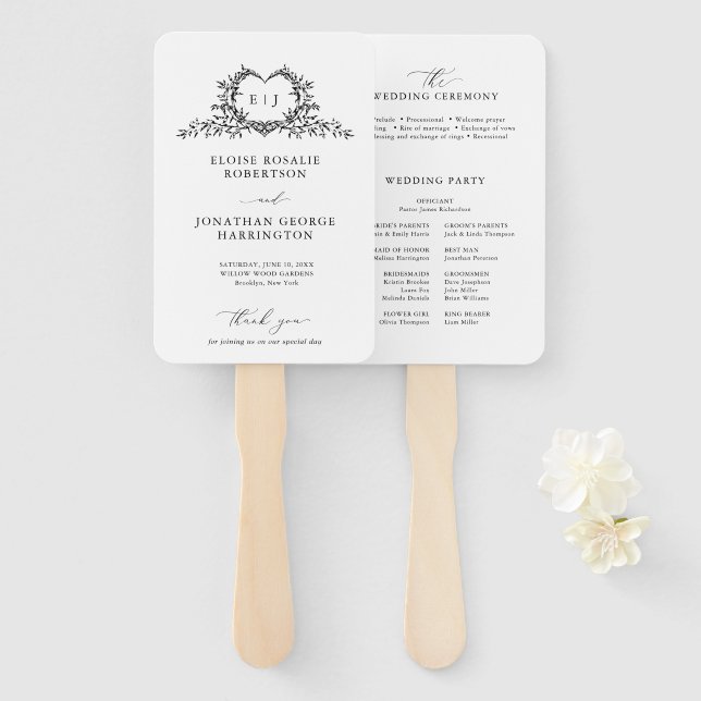 Minimalist Calligraphy monogram Wedding Program Hand Fan (Front and Back)
