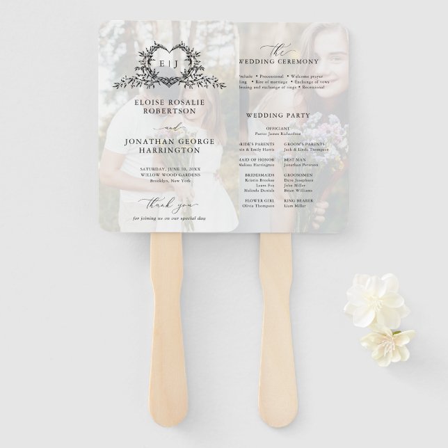 Minimalist Calligraphy monogram Wedding Program Hand Fan (Front and Back)