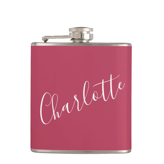 Minimalist Calligraphy Personalised Name Magenta  Hip Flask (Front)