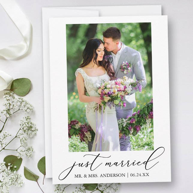 Minimalist Calligraphy Photo Just Married Wedding Announcement (Customize to add text or more photos to back of card.)