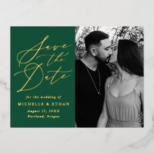 Minimalist Calligraphy Photo Save the Date Foil Invitation Postcard