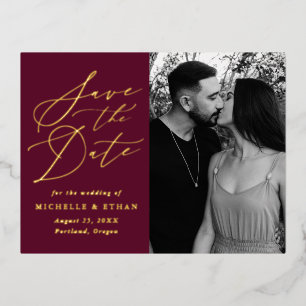 Minimalist Calligraphy Photo Save the Date Foil Invitation Postcard