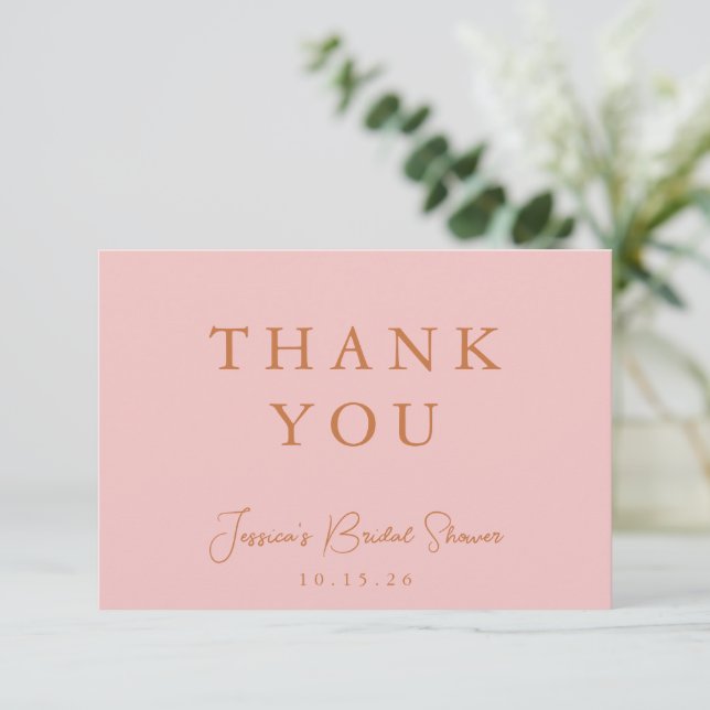 Minimalist Calligraphy Pink Bridal Shower Flat Thank You Card (Standing Front)
