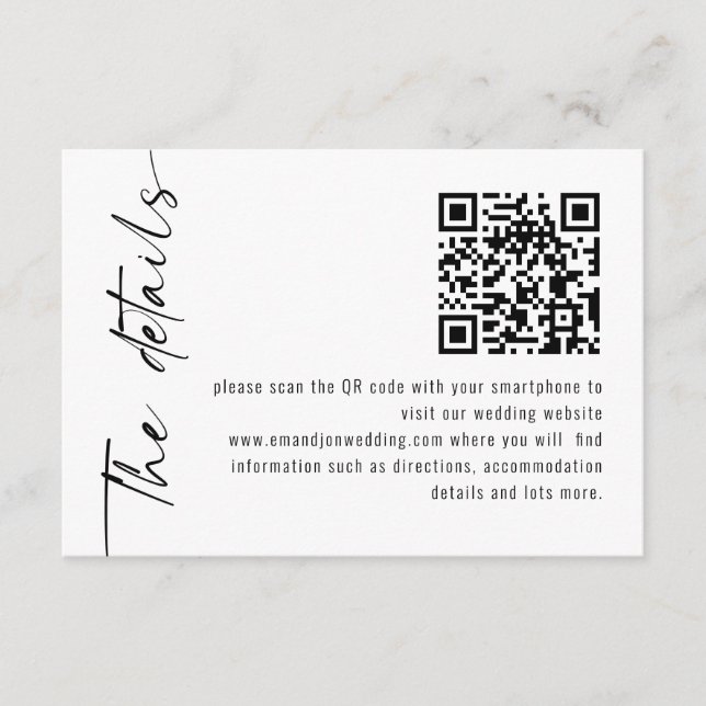 Minimalist Calligraphy QR Code Wedding Details Enclosure Card (Front)