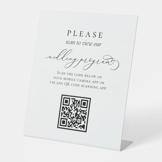 Minimalist Calligraphy QR code Wedding Program Pedestal Sign (Front)