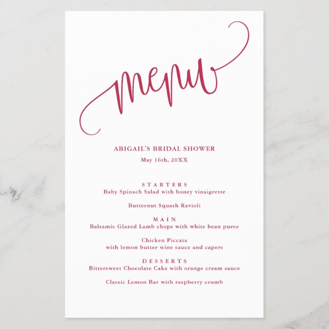 Minimalist Calligraphy Script, Magenta Paper Menu (Front)