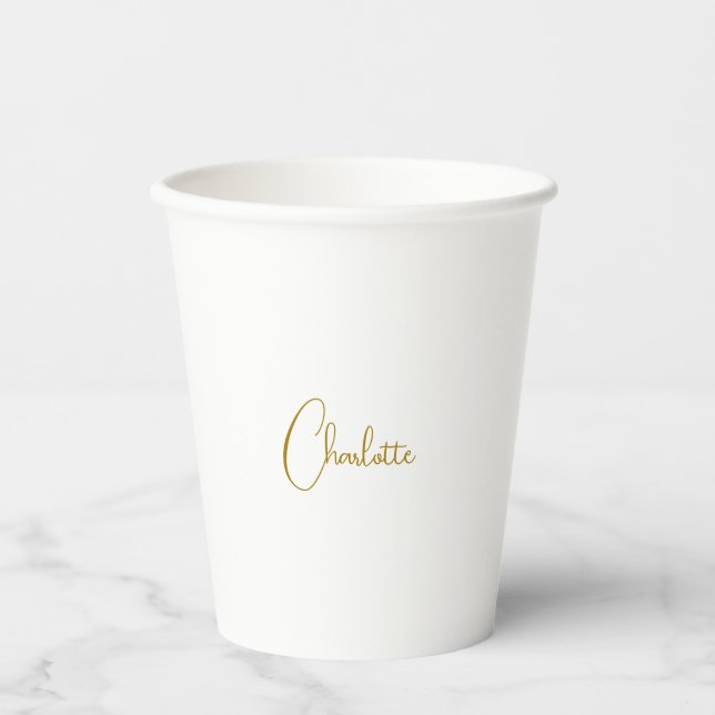 Minimalist Calligraphy Script Name Gold Colour Paper Cups (Front)