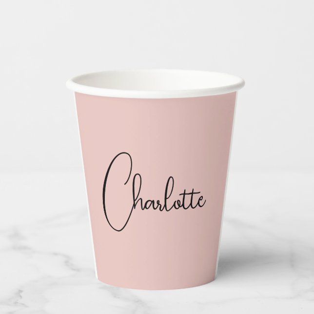Minimalist Calligraphy Script Name Rose Gold Paper Cups (Front)