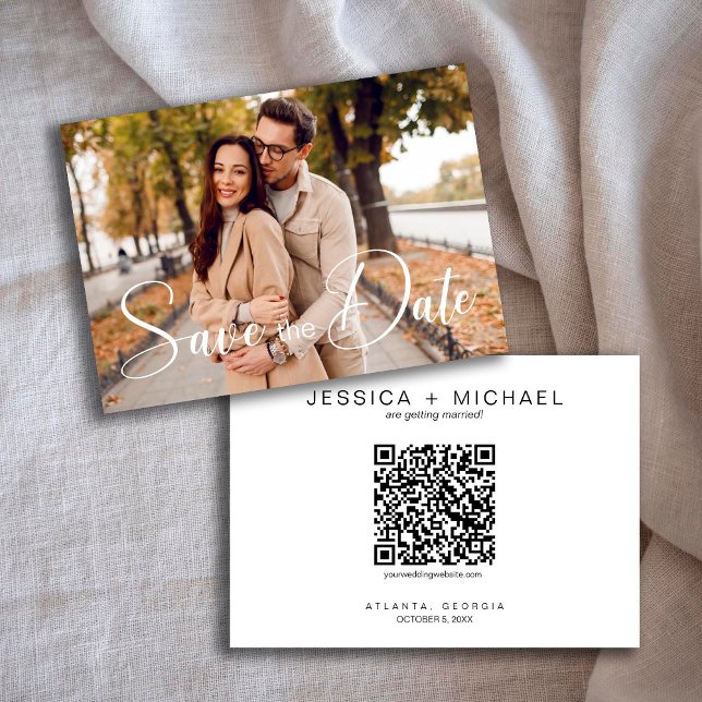 Minimalist Calligraphy Script Photo with QR Code Save The Date (Creator Uploaded)