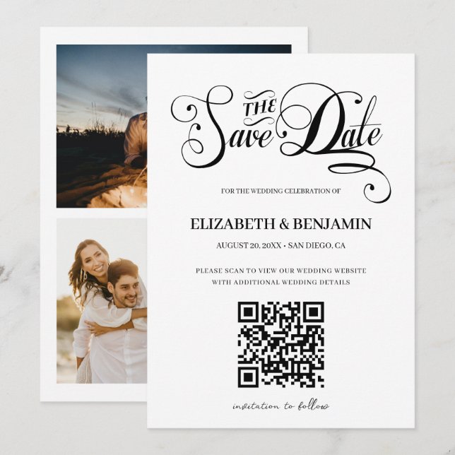 Minimalist Calligraphy Script QR Code 3 Photo Save The Date (Front/Back)