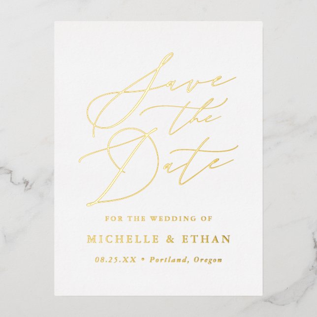 Minimalist Calligraphy Script Save the Date Foil Invitation Postcard (Front)