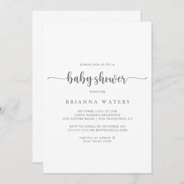 Minimalist Calligraphy Silver Baby Shower  Invitation (Front/Back)