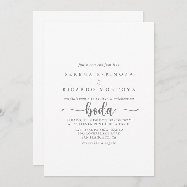 Minimalist Calligraphy Spanish Silver Wedding  Invitation (Front/Back)