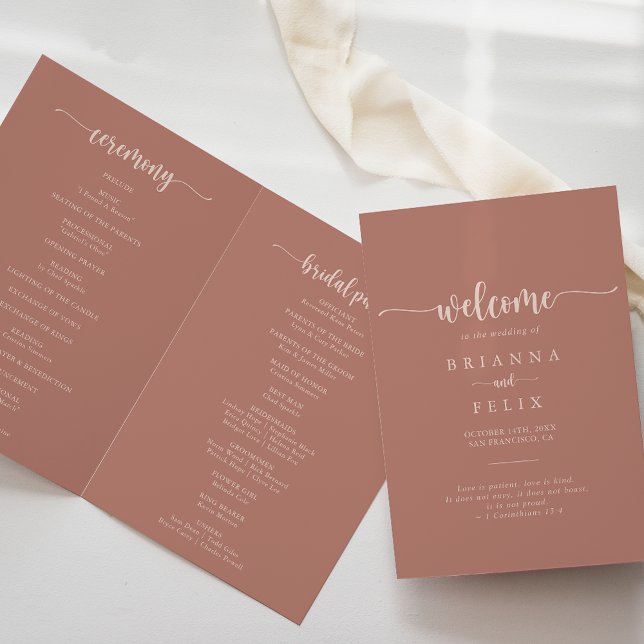 Minimalist Calligraphy Terracotta Folded Wedding  Programme (Creator Uploaded)