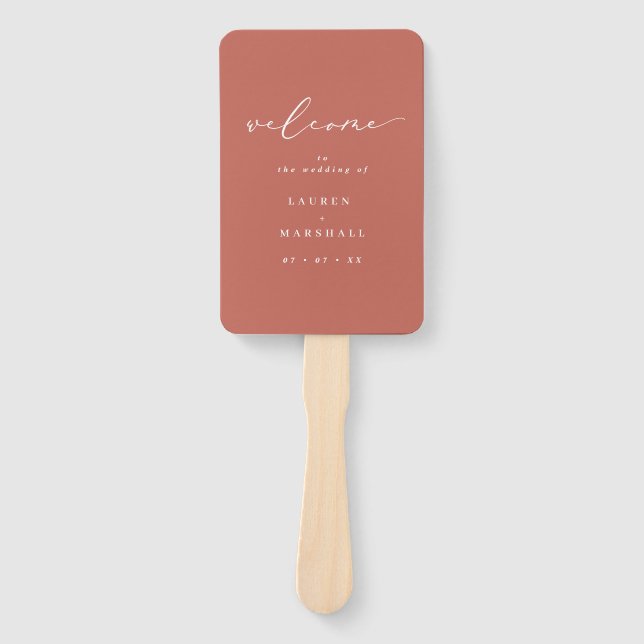 Minimalist Calligraphy Terracotta Wedding Program Hand Fan (Front)