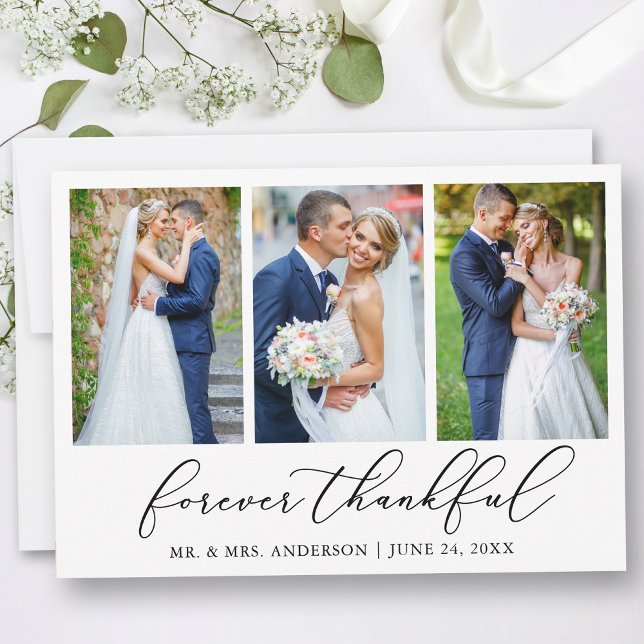 Minimalist Calligraphy Thankful 3 Photo Wedding Thank You Card (Customize to add text or more photos to back of card.)