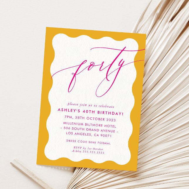 MINIMALIST Calligraphy wave 40th party pink yellow Invitation (Creator Uploaded)