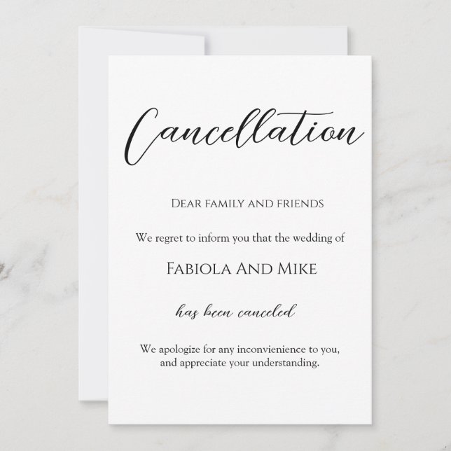 Minimalist calligraphy wedding cancellation announcement (Front)