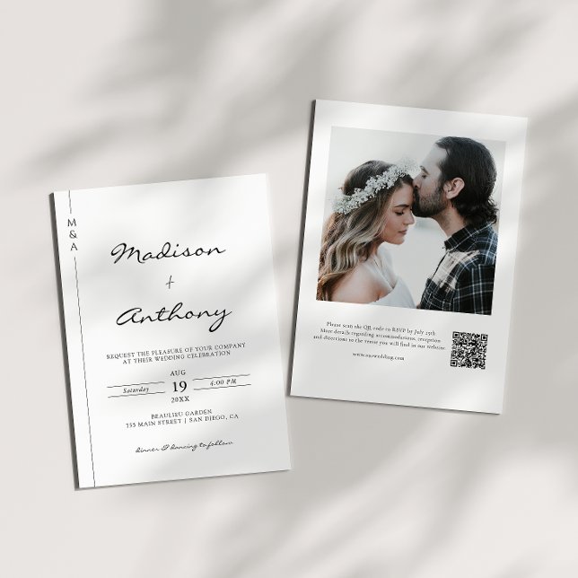Minimalist Calligraphy Wedding Photo QR Code  Invitation (Creator Uploaded)