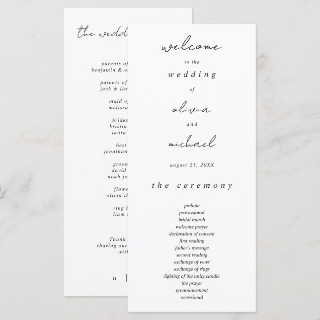 Minimalist Calligraphy Wedding Program Programme (Front/Back)