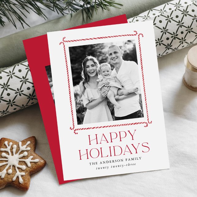 Minimalist Candy Cane Frame Happy Holidays Photo Holiday Card (Creator Uploaded)