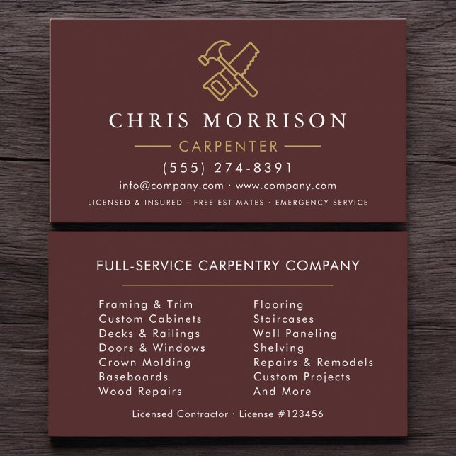Minimalist Carpenter Burgundy Gold Modern Business Card (Creator Uploaded)