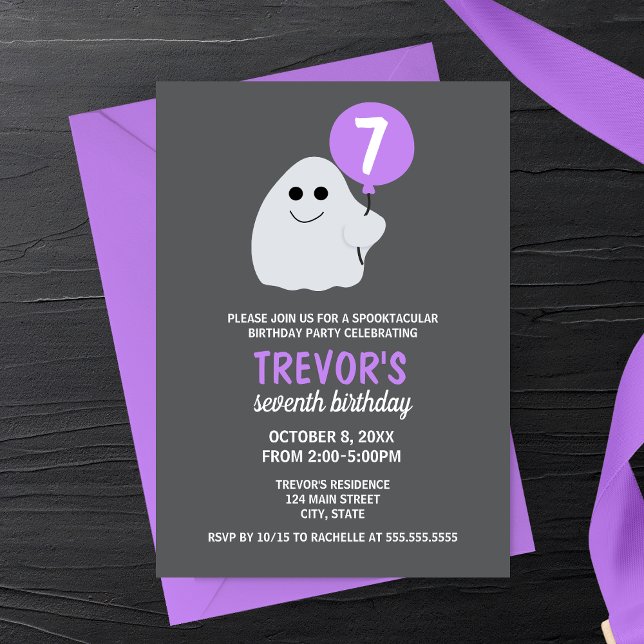 Minimalist Cartoon Ghost Birthday Party Invitation (Minimalist Ghost Halloween Birthday Party Invitation Purple
)