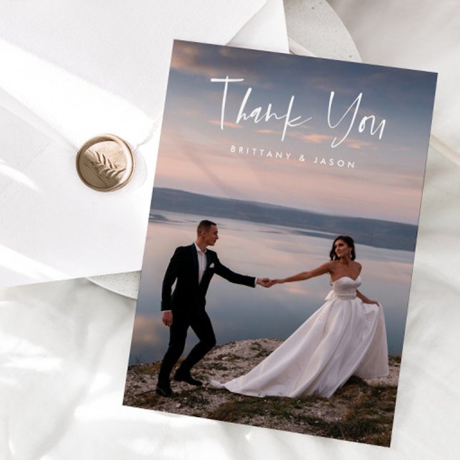 Minimalist Casual Script Wedding Photo  Thank You Card (Creator Uploaded)