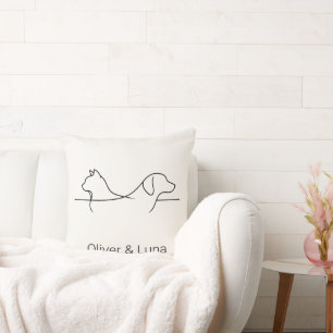 Minimalist Cat and Dog Custom Names Line Art Cushion