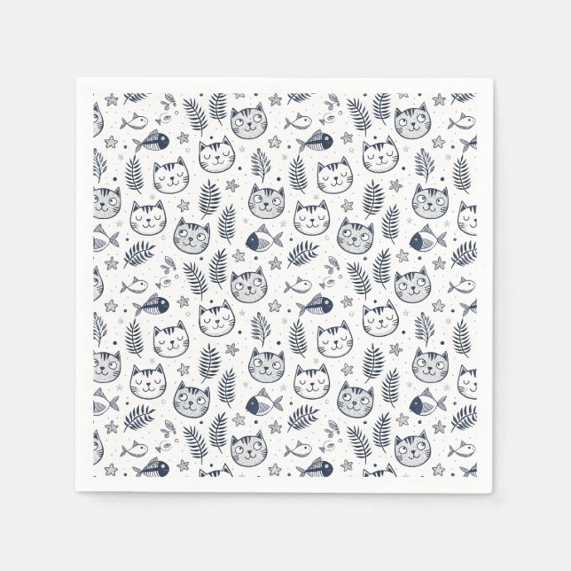 Minimalist Cat Face & Tropical Leaves Pattern Art Napkin (Front)