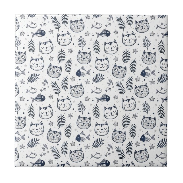Minimalist Cat Face & Tropical Leaves Pattern Art Tile (Front)