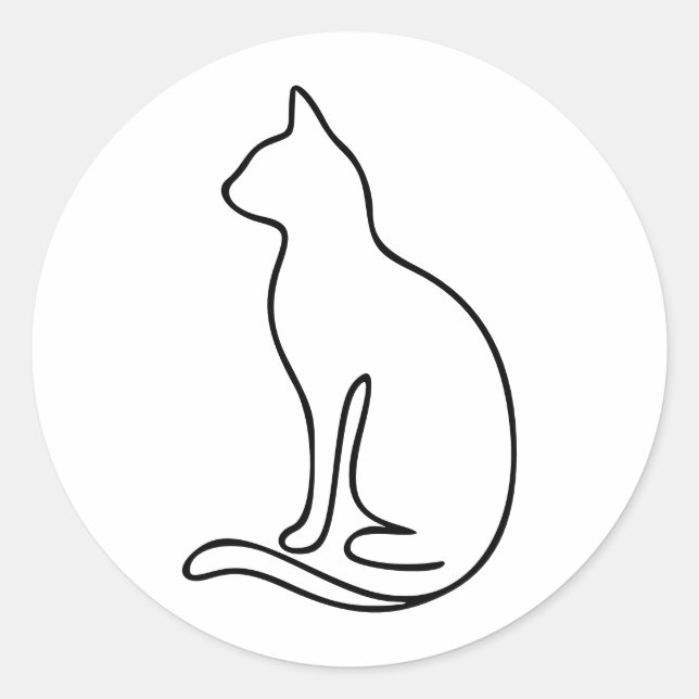 Minimalist Cat Line Art – Black Outline Silhouette Classic Round Sticker (Front)