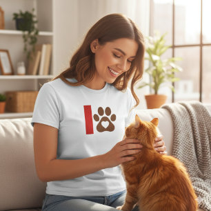 Minimalist Cat Mum T-Shirt - Brown Paw Print Heart