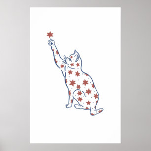 Minimalist Cat Reaching Star Print Whimsical Cute