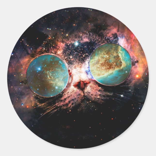 Minimalist cat with sunglasses in space classic round sticker (Front)